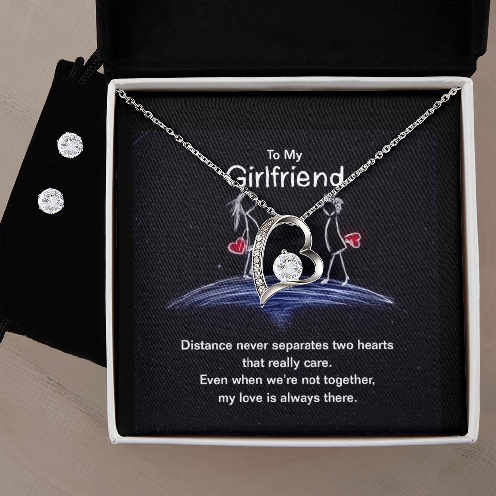 To My Girlfriend ,Distance never Separates Two Hearts Beuatiful Forever Love necklase with Earrings.