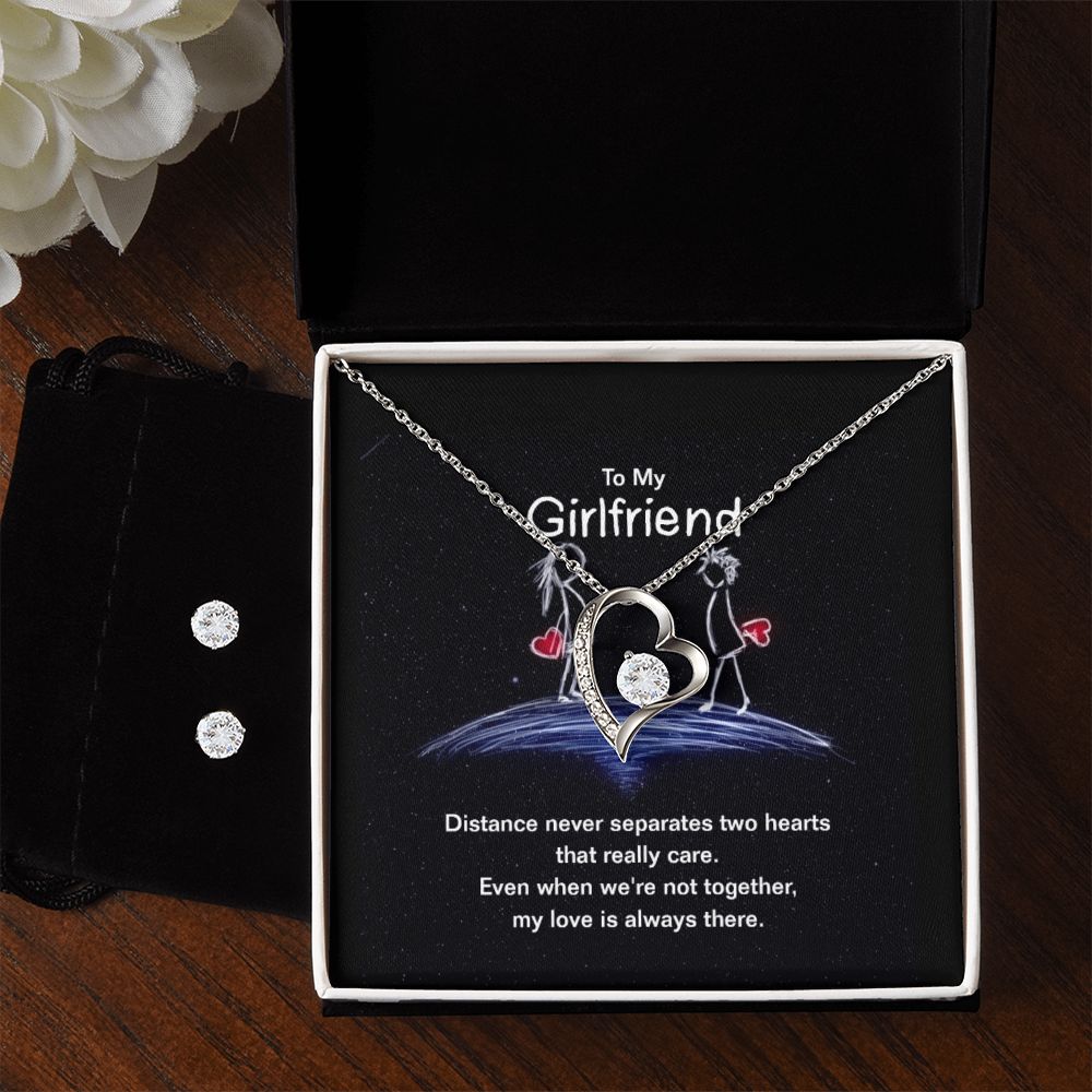 To My Girlfriend ,Distance never Separates Two Hearts Beuatiful Forever Love necklase with Earrings.
