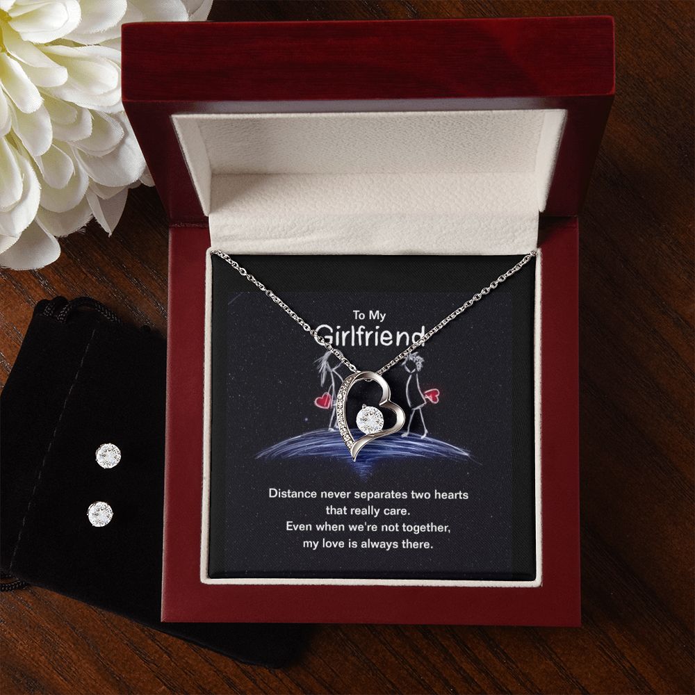 To My Girlfriend ,Distance never Separates Two Hearts Beuatiful Forever Love necklase with Earrings.