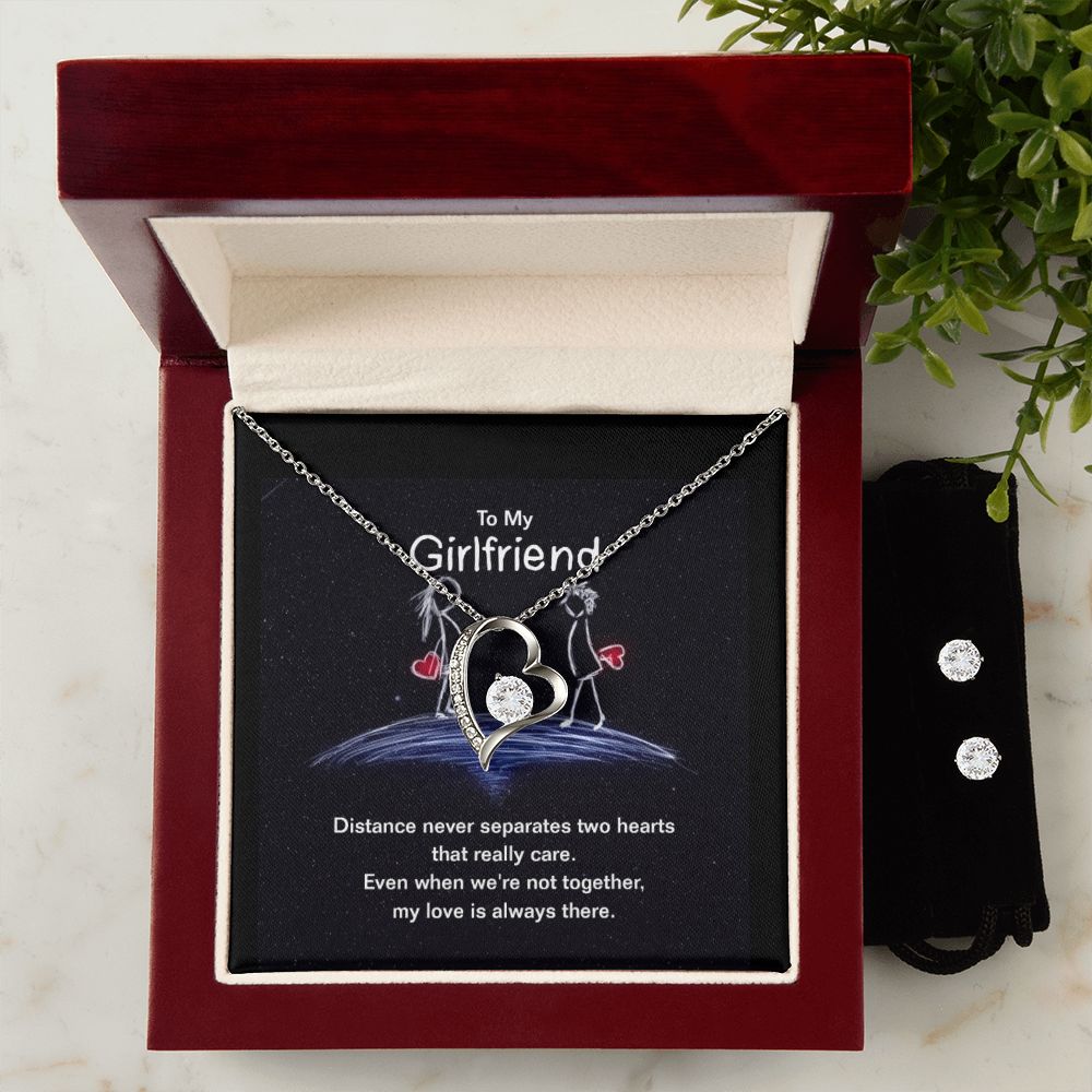 To My Girlfriend ,Distance never Separates Two Hearts Beuatiful Forever Love necklase with Earrings.