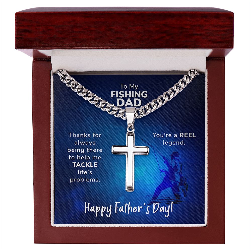To My Fishing Dad Cuban Chain with Artisan Cross Necklace.